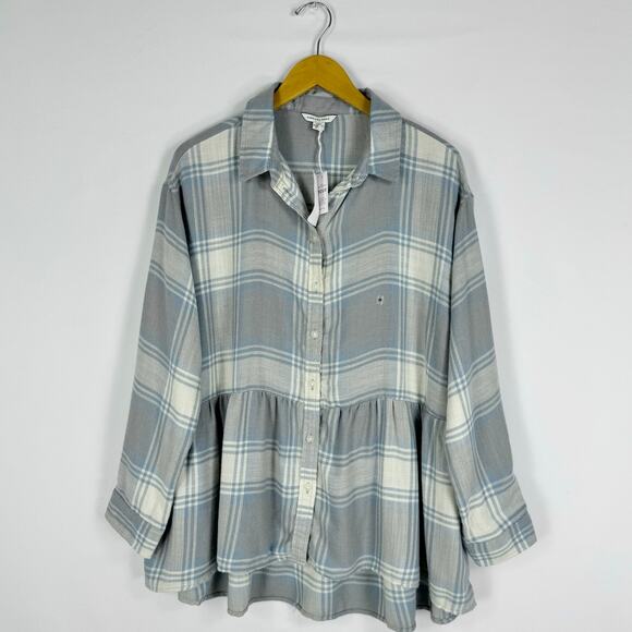 American Eagle Womens Oversize Plaid Baby Doll Button Down Shirt Medium Gray - Picture 2 of 16